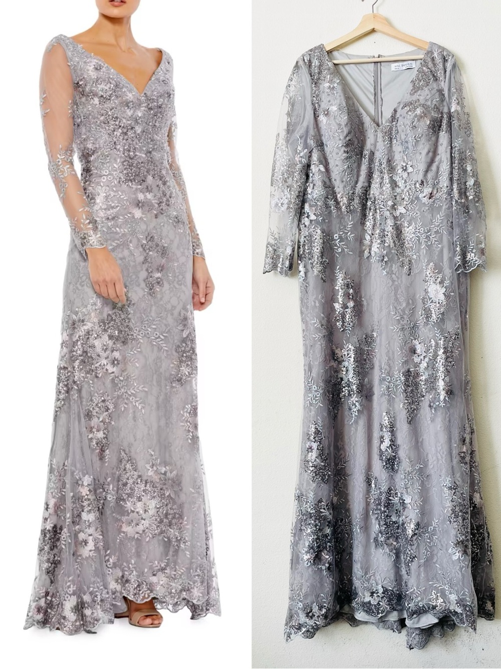 NEW Mac Duggal SIZE 18 silver sequin illusion sleeve Vneck maxi dress